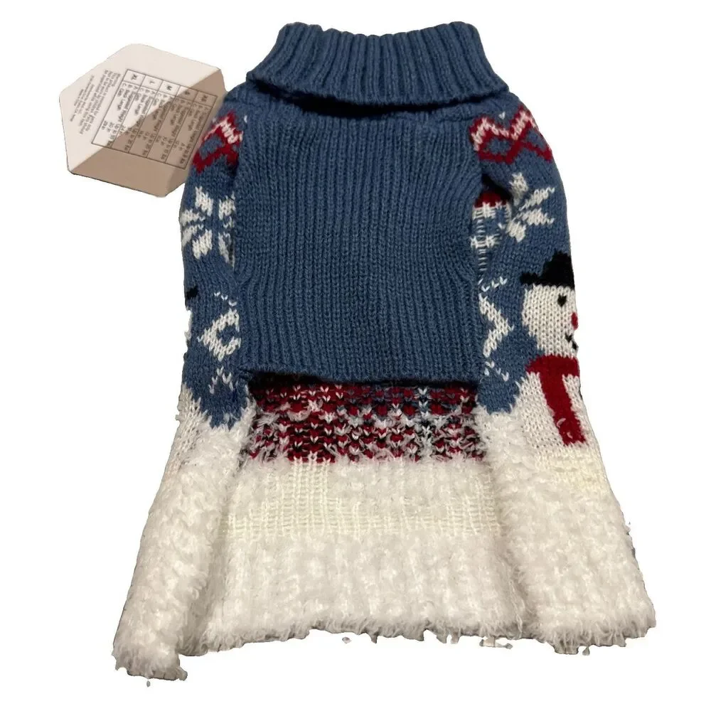 Holiday Snowman Pet Sweater for Cats & Dogs, Snowflakes, Blue, XS
